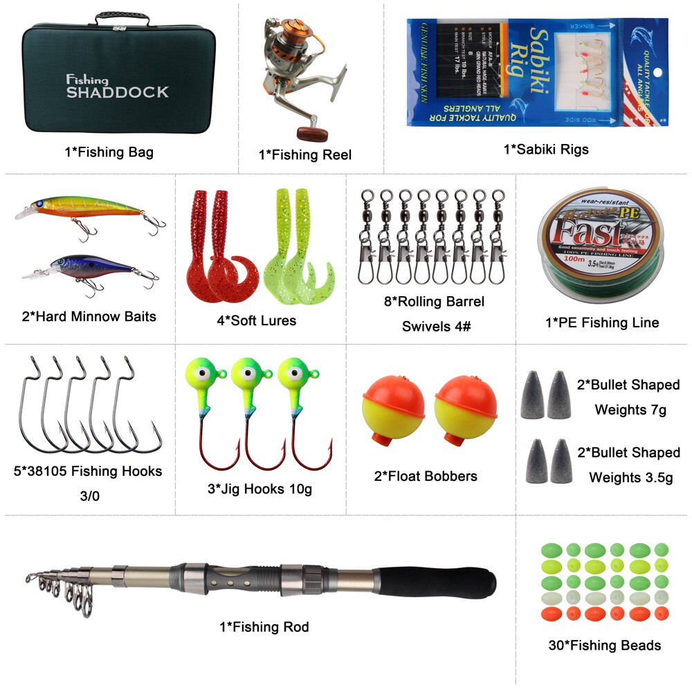 Fishing Rod Combo And Reel Kit Carbon Fiber Telescopic Spinning Portable Fishing Pole With Line Lures Hooks Beads Swivels Sinker
