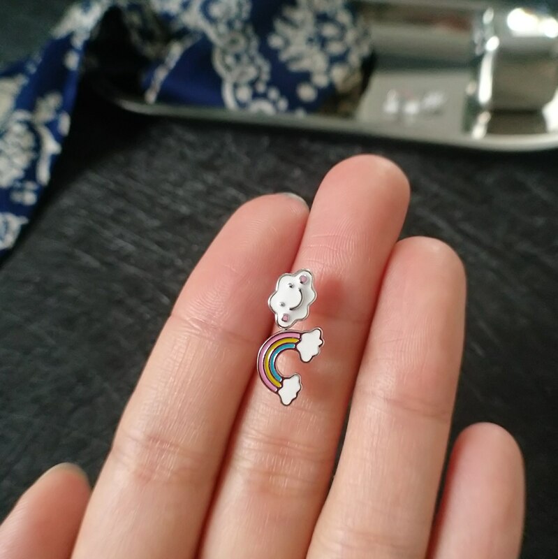 Plata de Ley 925 100% auténtica sonrisa asimétrica nube Arco Iris bebé pendientes amigo chica mujer joyas