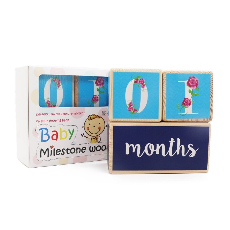 Wooden Baby Age Milestone Blocks, Set of 3 Blocks, Keepsake Baby Photo Prop for Social Media Sharing, Parents , Baby Ed: Blue