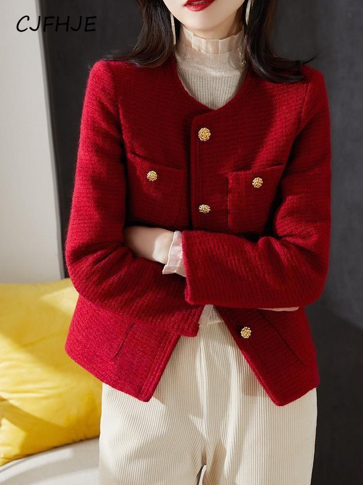 Cjfhje julerød tweedjakke dame vinter tyk varm sød frakke fransk vintage langærmet dame afslappet top