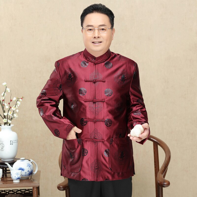 Chinese Red Men Tang Uniform Long Sleeve Autumn Rayon Chinese Traditional Parent Birthday Jacket Chinese Tunic Sui 90: men purplish red / XL