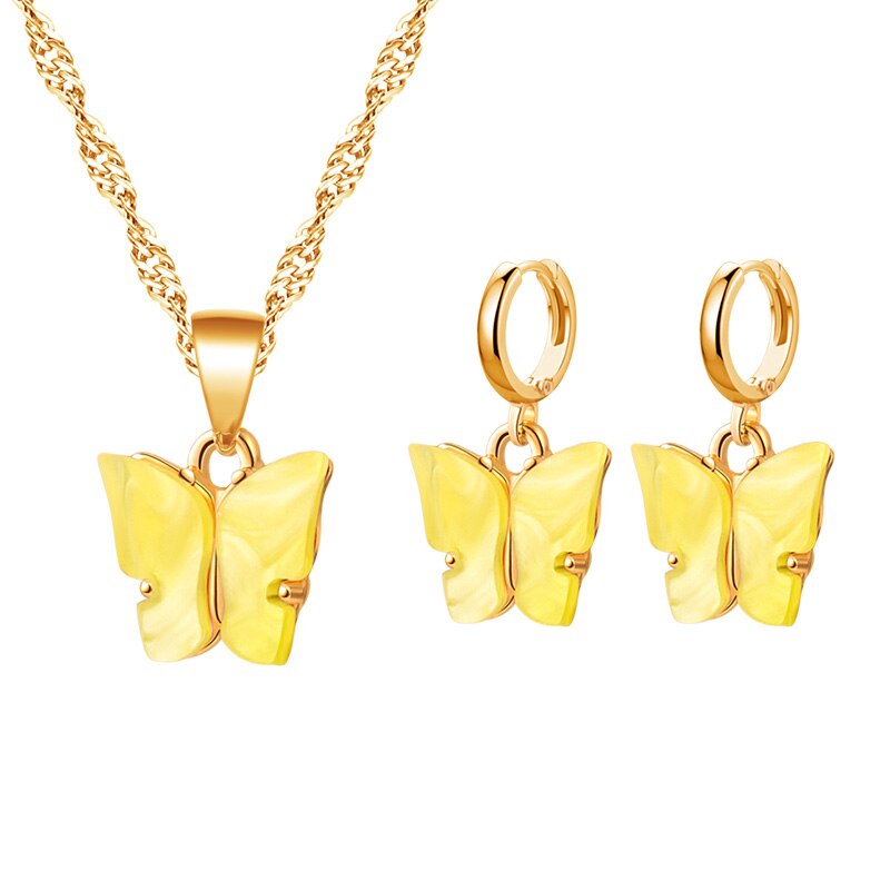 ZWC Butterfly Women's Earrings Necklace Set Acrylic Butterfly Earrings Animal Sweet Colorful Earrings Girls Jewelry: Yellow