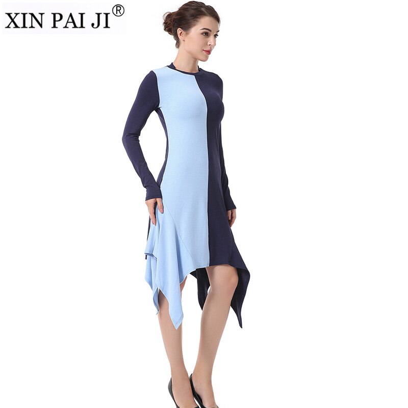 Spring Dress Round Neck Patchwork Color Women Casual Long Sleeve Irregular Slim Knitted Dress