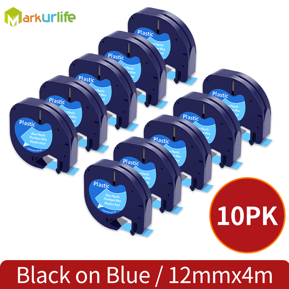 20PCS 91330 LT Label Tape 12mm*4m Compatible For Dymo Letratag Plastic 91200 91331 91201 12267 18769 18771 For LT-100H LT-100T: 10p Black on Blue