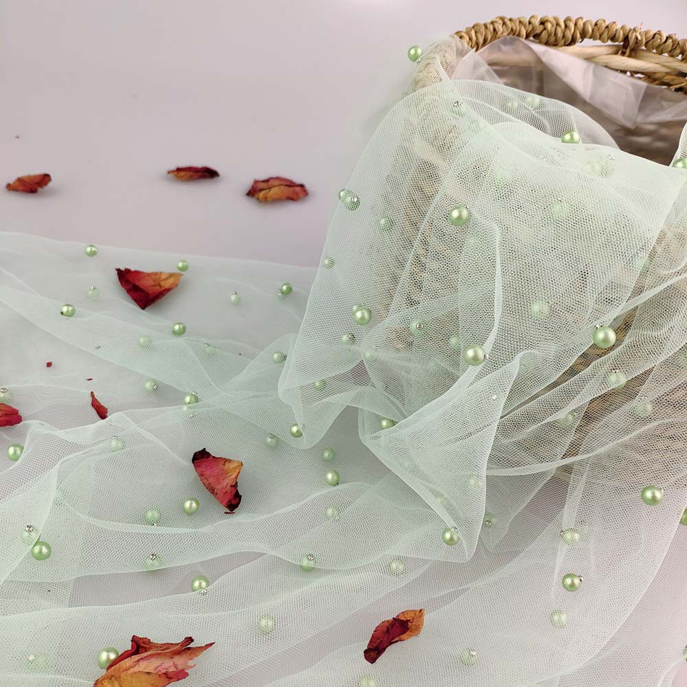 Tissu en Tulle et dentelle perlée, 5 mètres, décoration pour robe, , en Stock, 2022: Light green 5Y