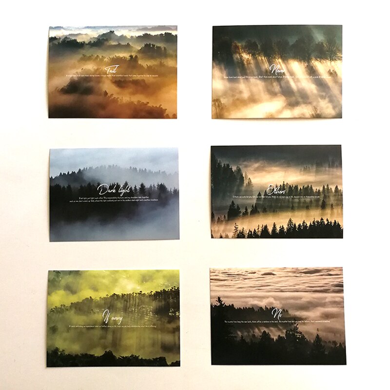 30 unids/set Foggy Forest con frase inglesa clásica Selección de tarjetas de paisaje de fotografía de bosque postales