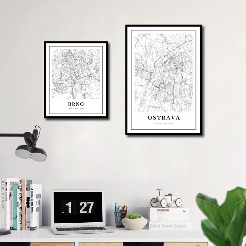 Czarny biały ostrawa i ostrawa czechy mapa miasta plakat na płótnie czechy drukowany obraz ścienny Nordic ozdobny obraz Home Decor