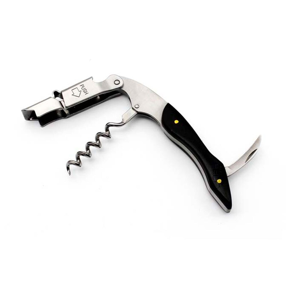 Rosewood Wood Handle Stainless Red Wine Corkscrew Double Hinge Waiters Wine Bottle Beer Cap Opener: Black