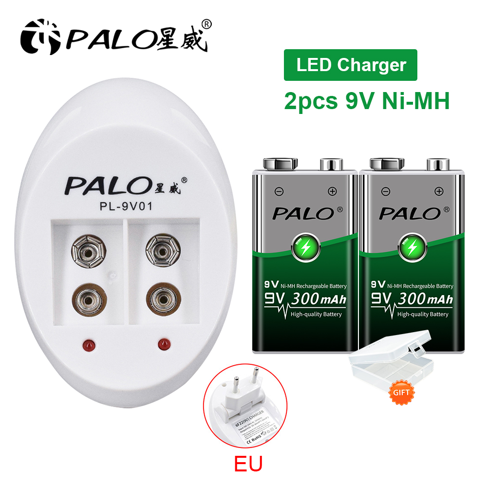 PALO 300mAh 9V NIMH batterie Rechargeable 6F22 9V couronne batterie + 9V chargeur de batterie pour 9V NI-MH Li-ion Batteries rechargeables: Bleu