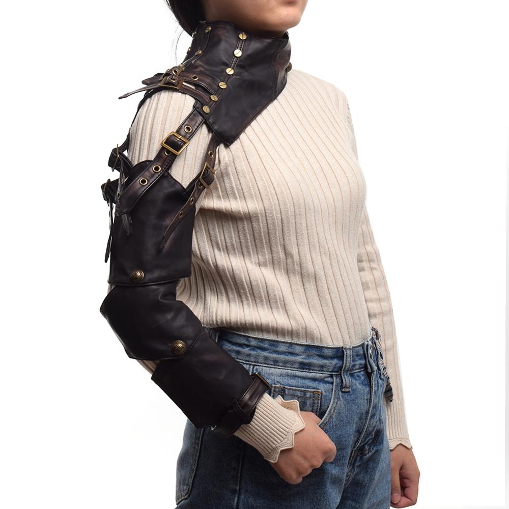 Armure Steampunk unisexe, épaule unique, longue boucle en cuir, chauffe-bras gothique