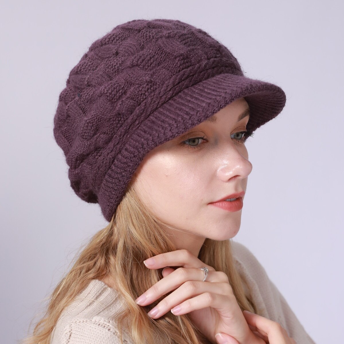 Color sólido más terciopelo lana 8 palabra Twist sombrero Otoño e Invierno de las mujeres de punto Cap: darkpurple