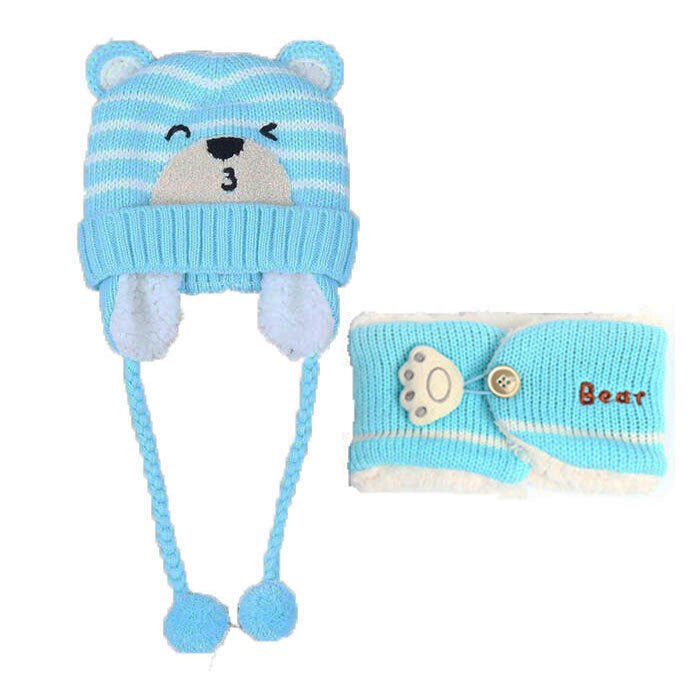 Kind Mutsen Cap Set Baby Kids Cartoon Streep Knit Voegen Fluwelen Hoed En Sjaal Winter Warm Pak Set Roze grijs: Sky Blue
