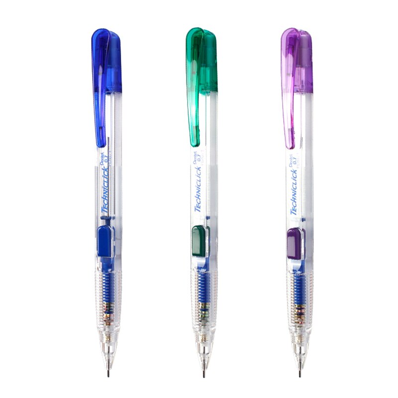 3/4 stk pentel techniclick mekanisk blyant 0.5mm klassisk sidepresse automatisk japan sort/blå/grøn/pink farve: 3 stk 0.7mm blandet