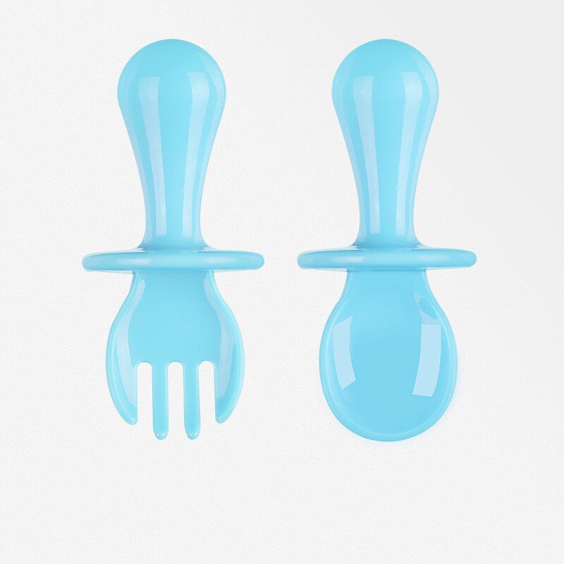 Vaisselle d'entraînement pour bébés,cuillère et fourchette à manche court, couleur unie, matière PP sécurisée, pour enfants, motif mignon, paquet de 2 pièces,: Blue