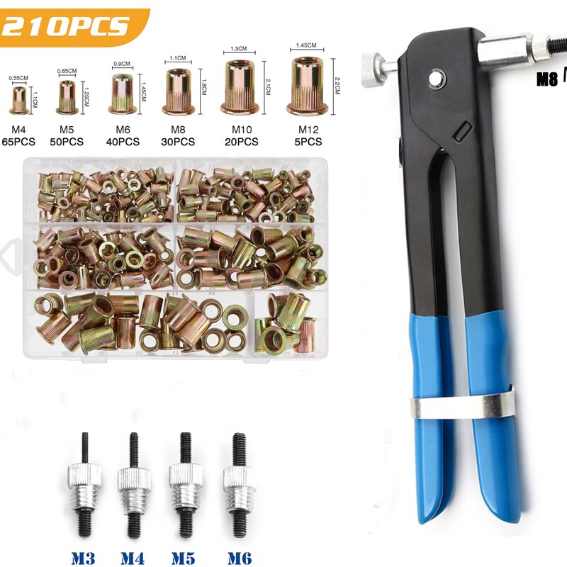 100/150/165/210pcs M3-M12 Multi Flat Head Metric Thread Blind Rivet Nut Insert Rivnut Nutsert Screw: 210pcs Carbon steel
