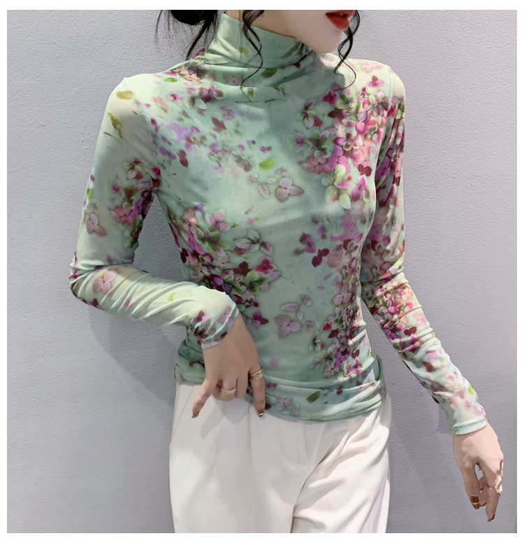 Höst vinter tjock mesh t-shirt kvinnor polotröja långärmad tryckt blommig bas t-shirts dam söta t-shirts  ff6617: S / Beige
