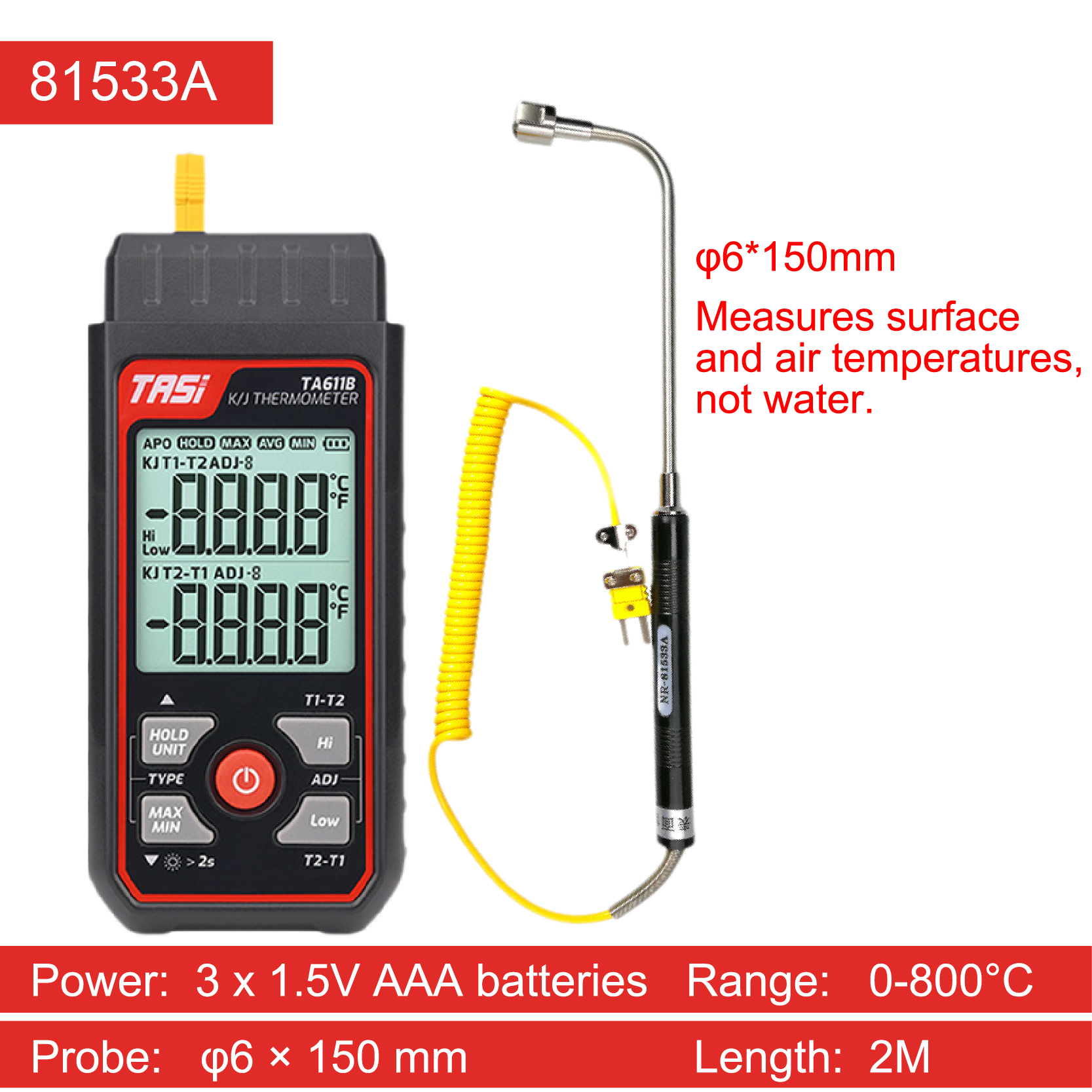 TA611A Single Channel K Type Thermocouple Thermometer High Precision Digital Surface Temperature Gauge with Contact Probe