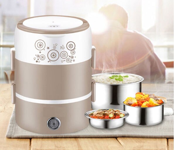 Cuiseur à riz électrique cuiseur à vapeur multifonctionnel acier inoxydable Mini boîte à déjeuner Portable 3 couches Thichken corps anti-dérapant boucle: Layer 3 grey