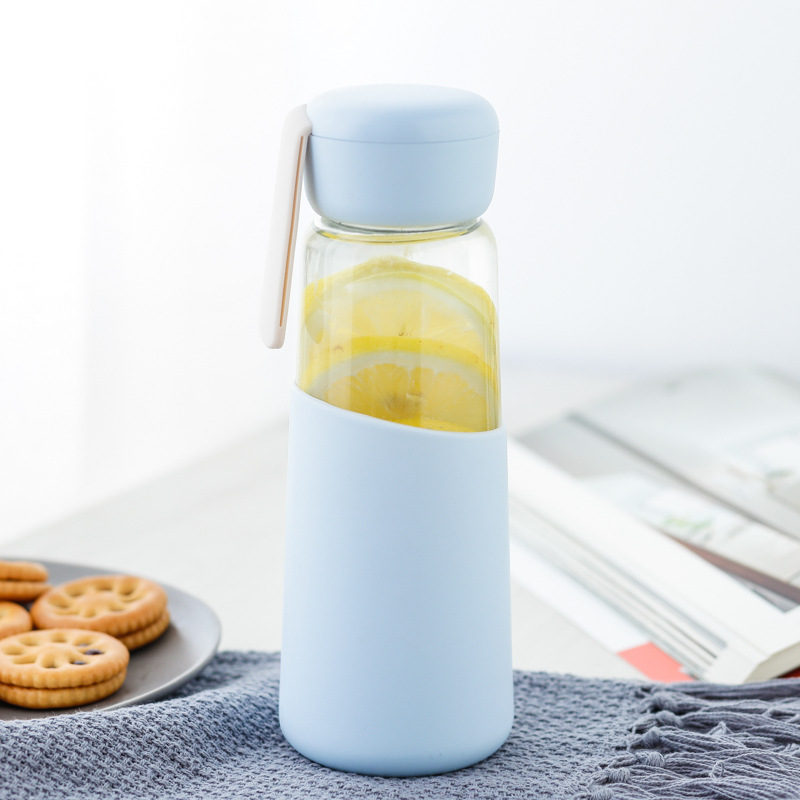 400ml Korean Women Glass Water Bottle with Silicone Cover Students School Drink Bottles Outdoor Portable Rope: blue