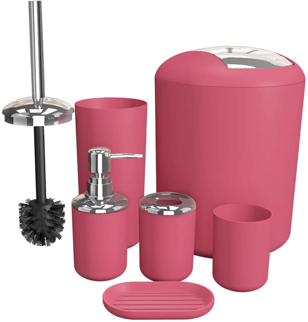 Ensemble d'accessoires de salle de bain, Ensemble d'accessoires de salle de bain, porte-savon, poubelle, brosse de toilette, gobelet, Kit de produits de première nécessité, 6 pièces: Pink