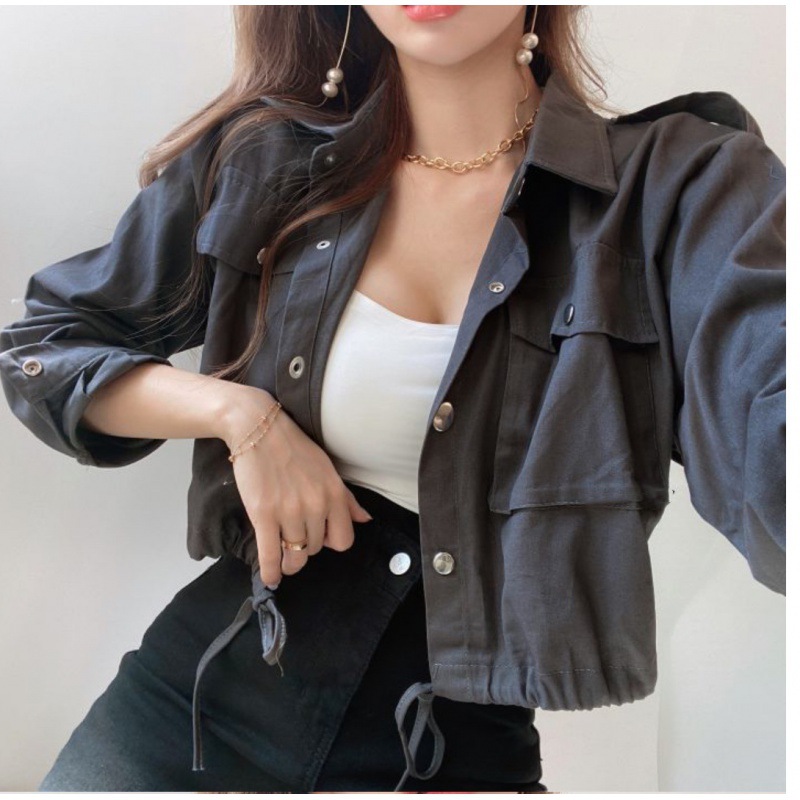 Ensfarvede jakker til kvinder i koreansk stil crop tops shirring enkeltradede knaplommer afslappet all-match daglig efterårs chic: S / Beige