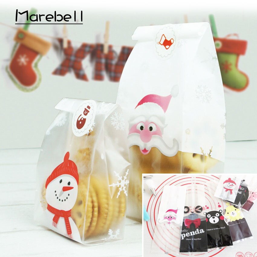 Marebell 30pcs Kerst Verpakking Zakken Voor Cookies Sticky Papier Cartoon Kerstman Partij kinderen Dag Biscuit Bakken Verpakking