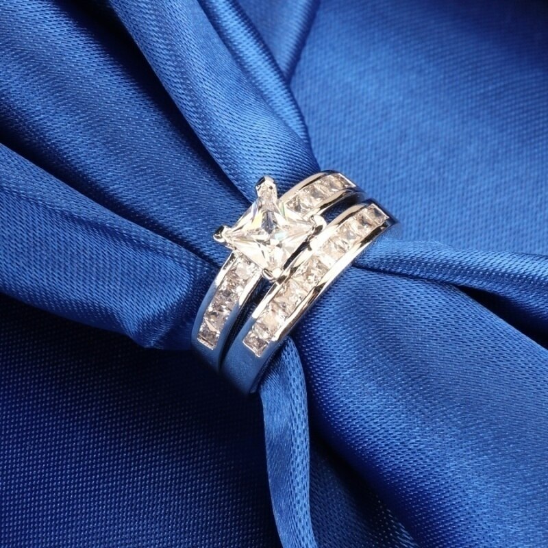 FDLK Couple Ring: Women Square Princess Cut AAA Cubic zirconia Wedding Party Ring Set