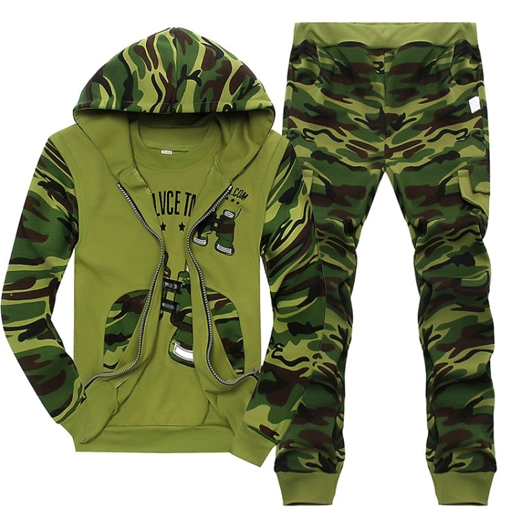 Drenge camouflage tøj sæt 3 stk til store børn hættejakke t-shirt bukse tøj jakkesæt 3 5 6 7 8 9 10 11 år