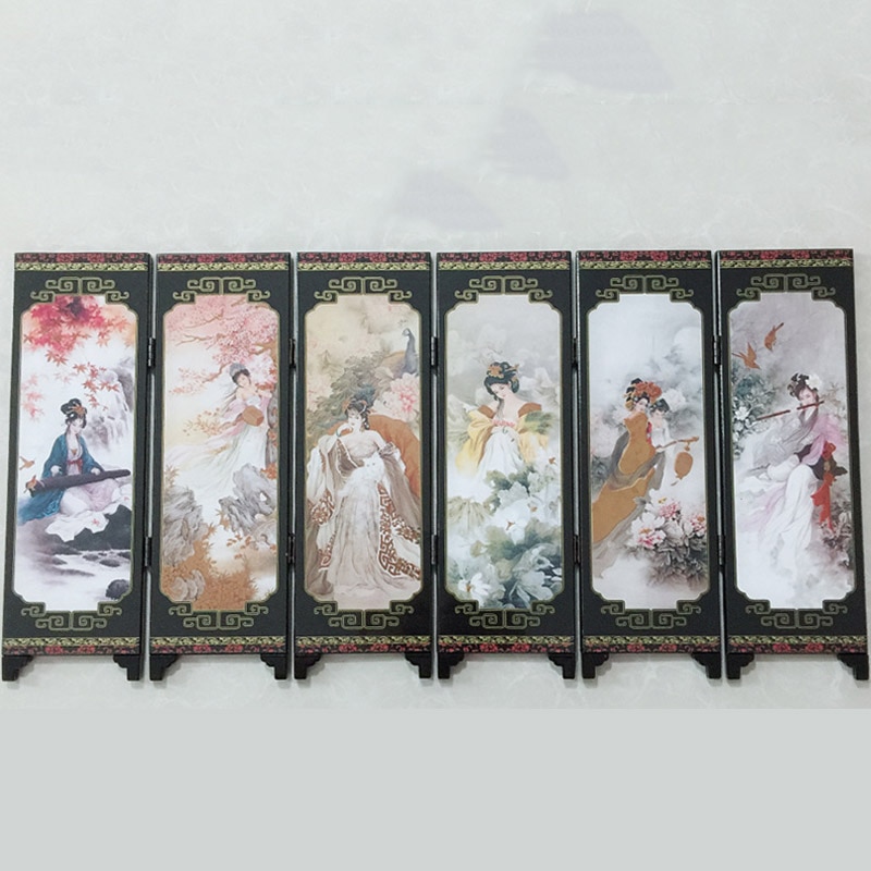 Room Screen Divider Golden Lacquer Folding Partition 6 Panel Separator Movable Decor 48*24*0.6cm Ancient Ladies