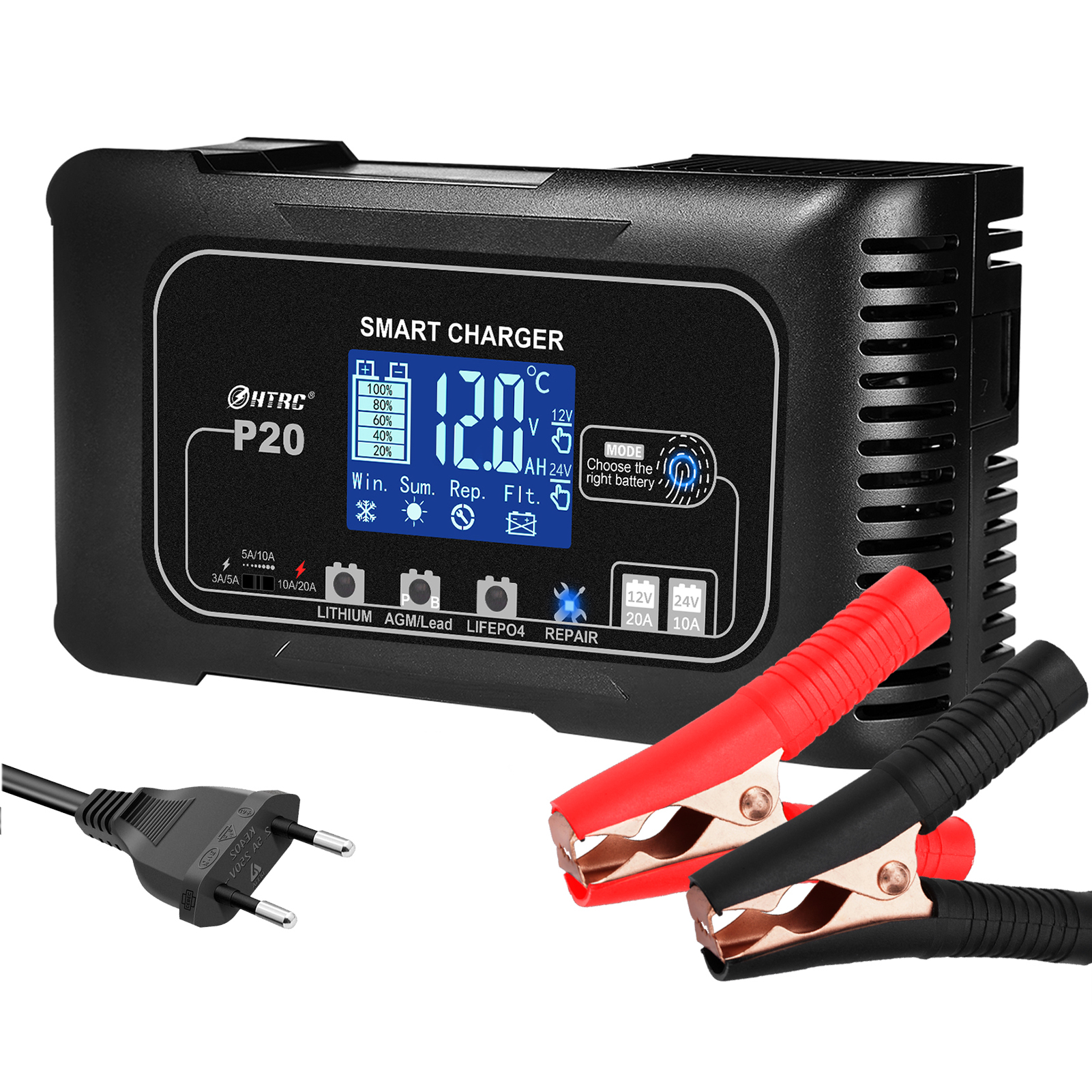 HTRC 12V 20A 24V/10A w pełni automatyczna ładowarka samochodowa robić motocykla Lifepo4 AGM mokry żel akumulator kwasowo-ołowiowy naprawa ładowarki: Wtyczka amerykańska