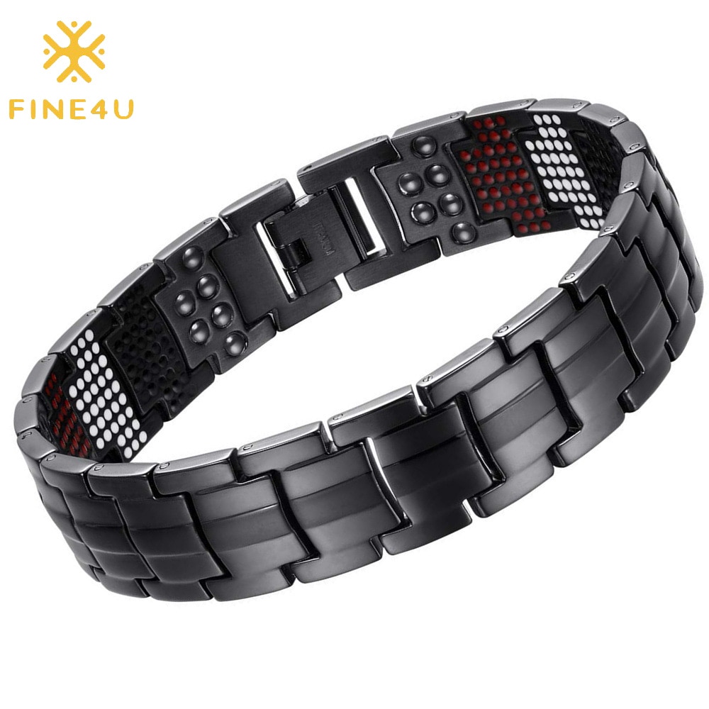 FINE4U B390 Double Row Strength 4 Element Titanium Magnetic Therapy Bracelet for Arthritis Pain Relief