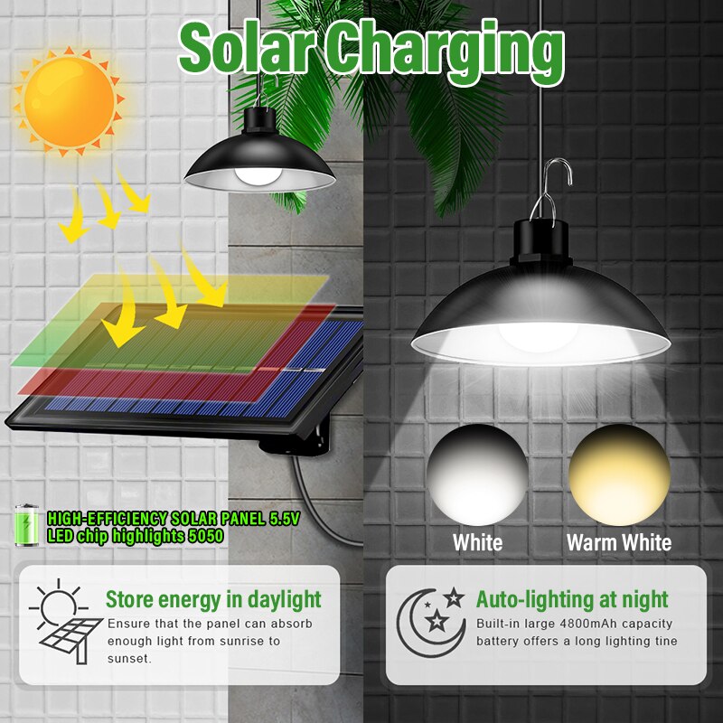 Luces colgantes de doble cabeza impermeables IP65, lámpara Solar para interior y exterior, luces de cobertizo con Cable alimentadas por luz Solar para patio, Camping, etc.