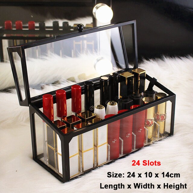 15/24/40 Slots Glass Lipstick Holder Dustproof Display Case Beauty Storage Box Luxury Makeup Organizer with Removable Dividers: Black 24 Slots