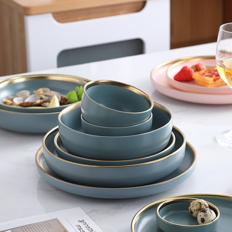 Europese Stijl Plaat Keramische Schotel Dinnerdinnerware Set Saus Rijst Kommen Soep Noedels Plaat Steak Westerse Voedsel Servies WF702214