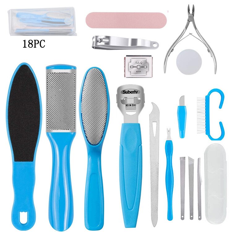 Pedicure Tool Heels Toe Cuticle Kit File Set Dead Hard Skin Callus Remover Scraper Foot Care Tool for Feet Beauty: 18pcs set blue