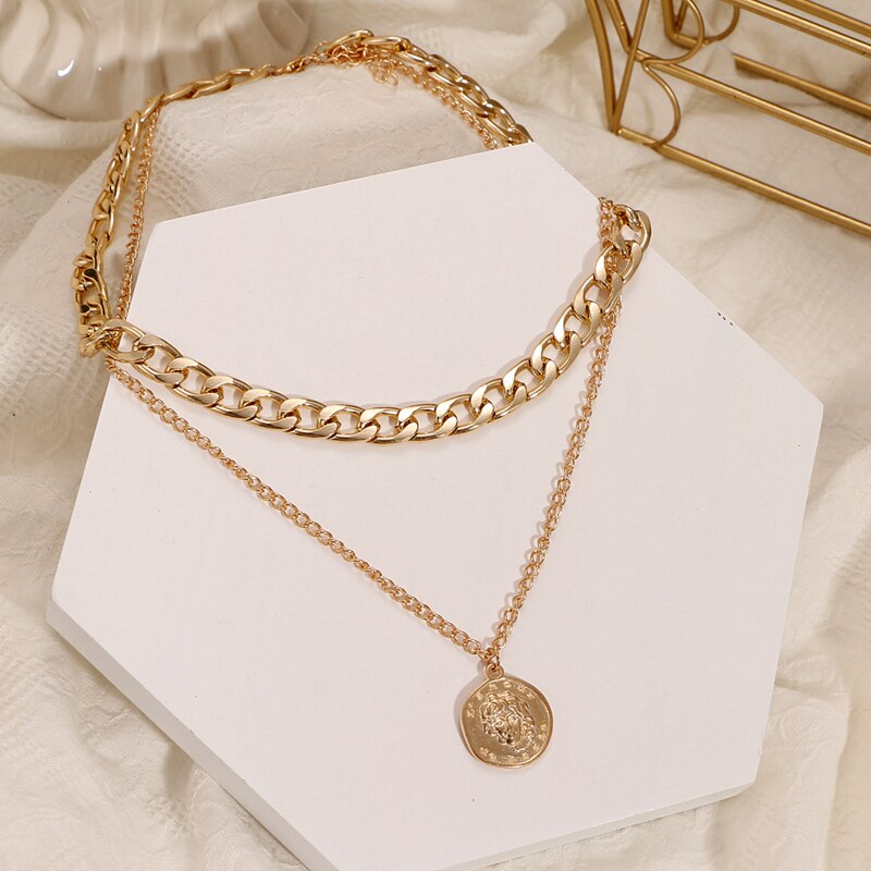 VKME Retro Coin Silver Gold Chain Necklace For Women Multi-layer Geometric Round Pendant Silver Choker Necklaces Jewelry: 1  VK30002