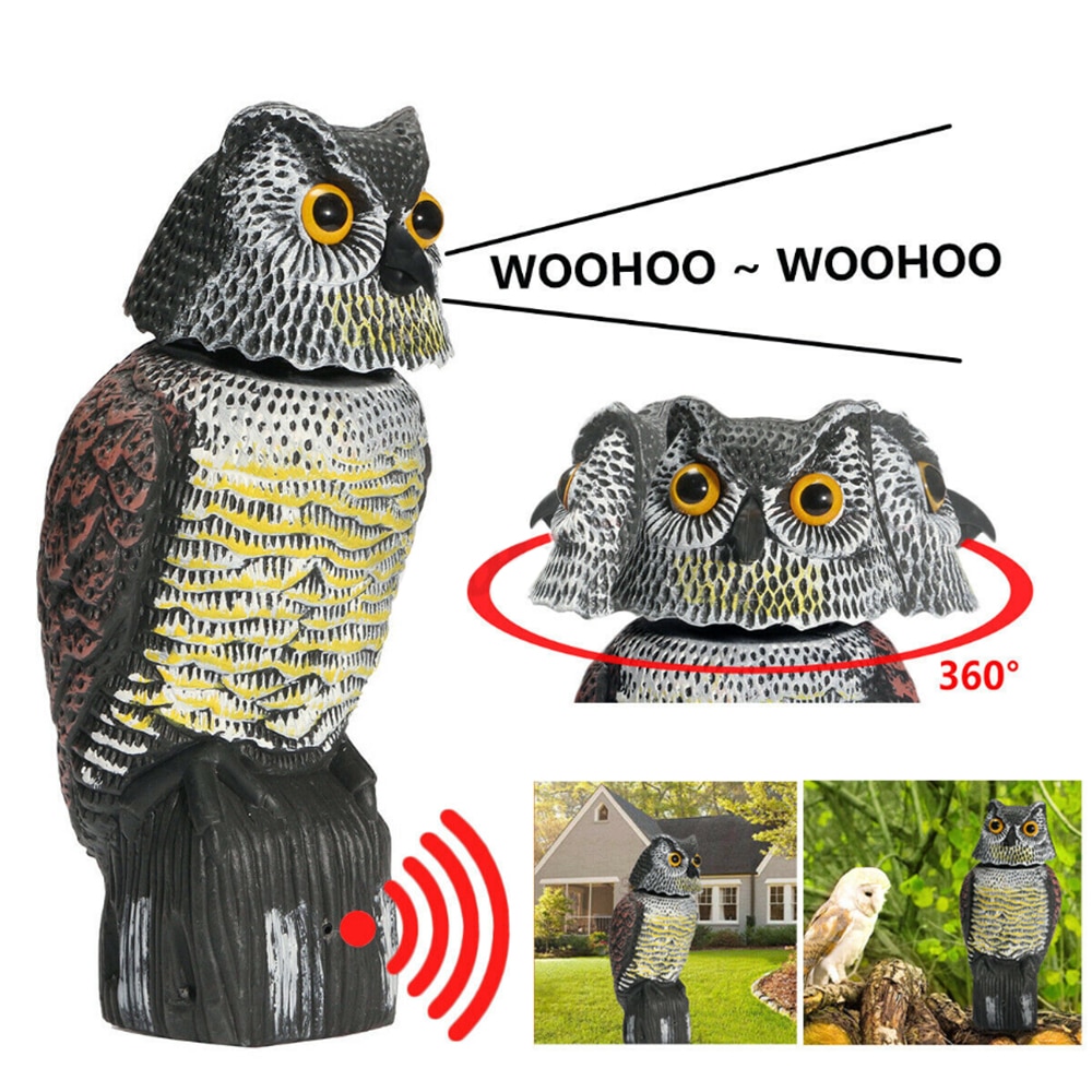 Realista espantapájaros sonido cabeza giratoria búho merodeador señuelo protección plaga repelente Control espantapájaros jardín se Decoración