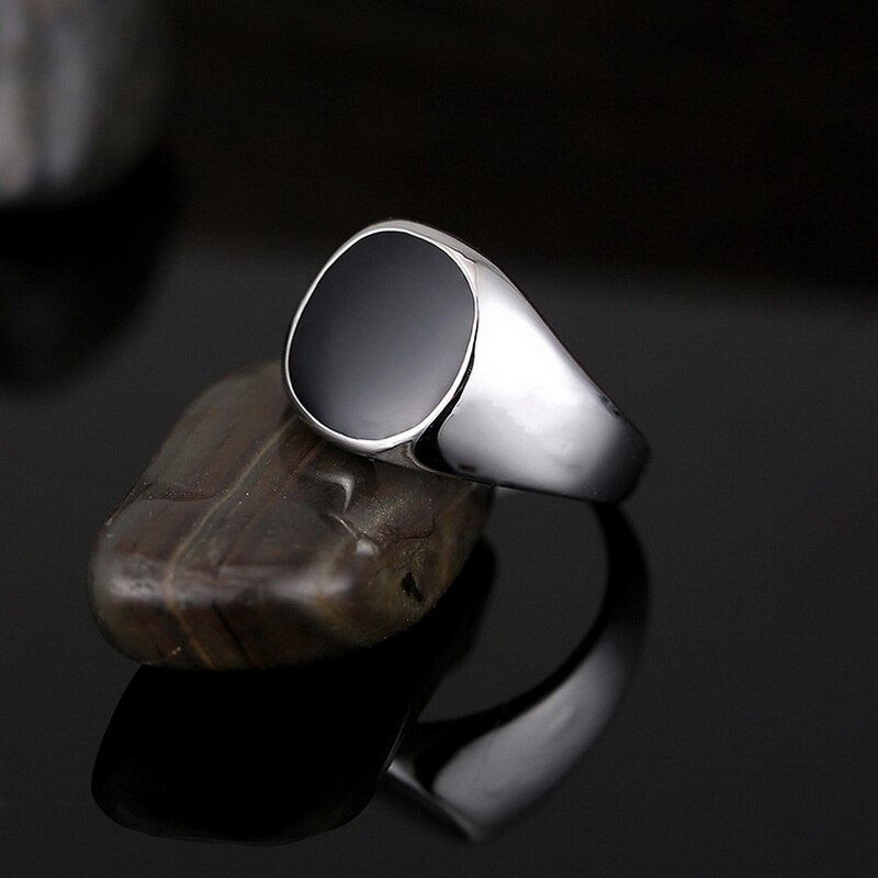 Bague géométrique en pierre noire pour homme et femme, Vintage, couleur argent, grands anneaux de mariage, fiançailles, bijoux de fête