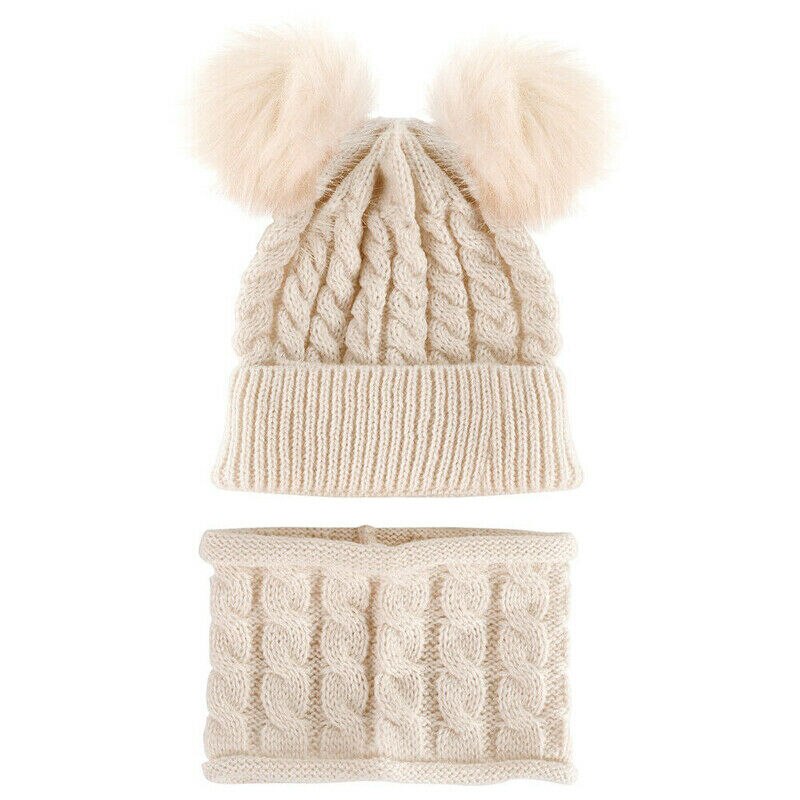 Kit de Gorro con pompón para niño y niña, gorro de punto cálido para invierno, conjunto de bufanda con dos pompones, d88: Beige
