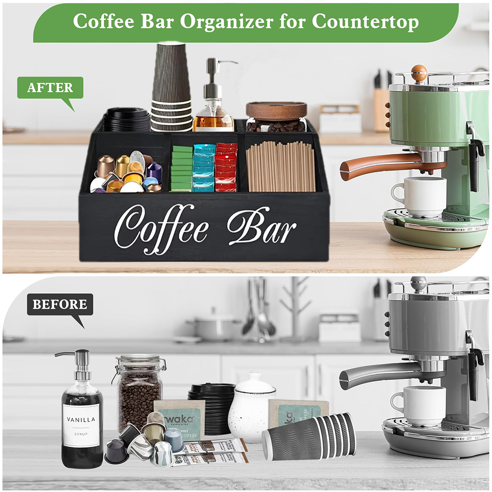 Wood Rustic Coffee Bar Organizer Countertop Wooden Coffee Bar With Drawer Kitchen Cabinet Pantry Organizer and Bins for Snacks