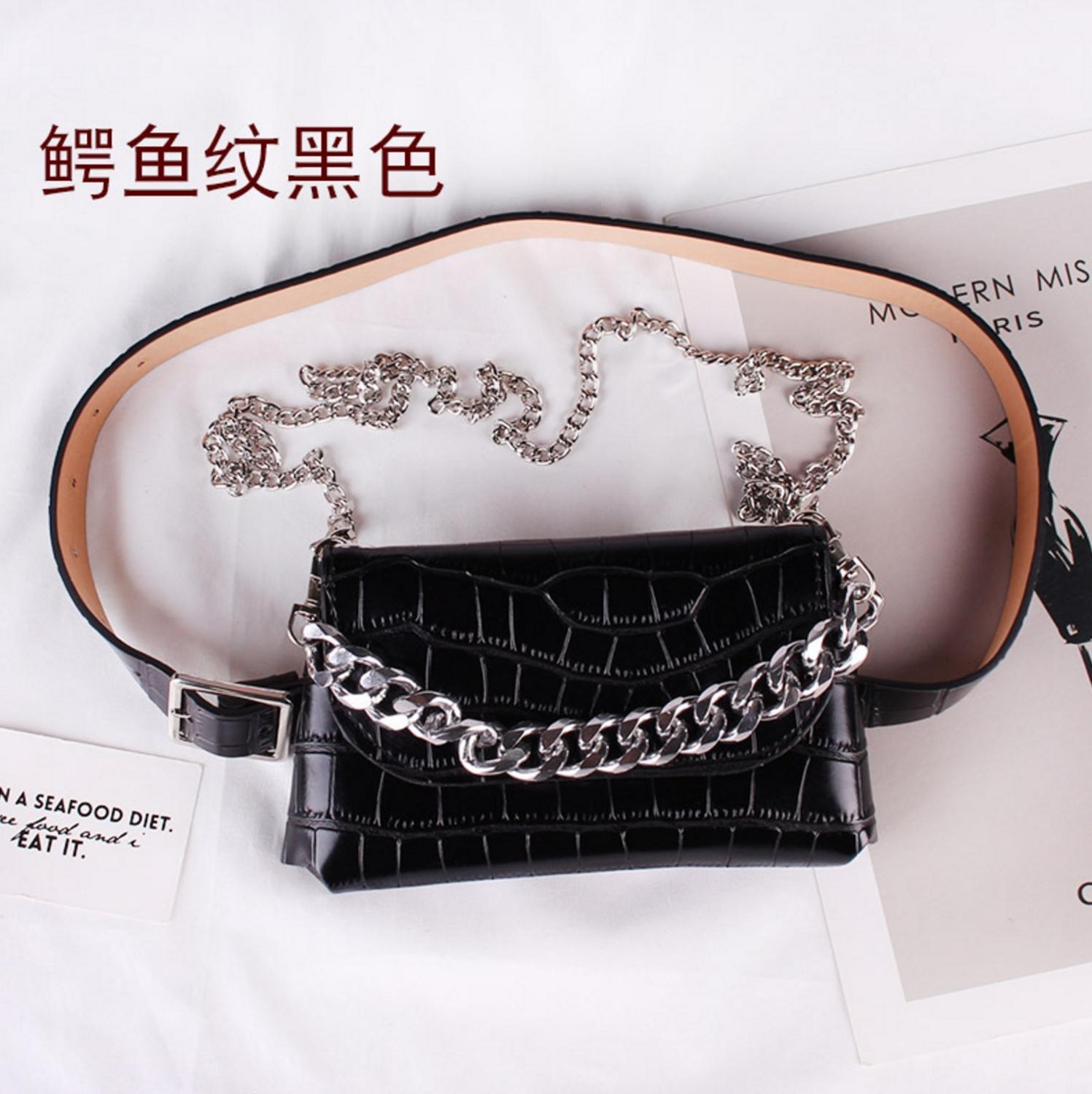 Women Leather Chain PU Leather Waist Bags Crossobdy Hand Bag Tote Clutch Chain Messenger Bags Shoulder Bag Flap Handbag for Lady: Black Crocodile