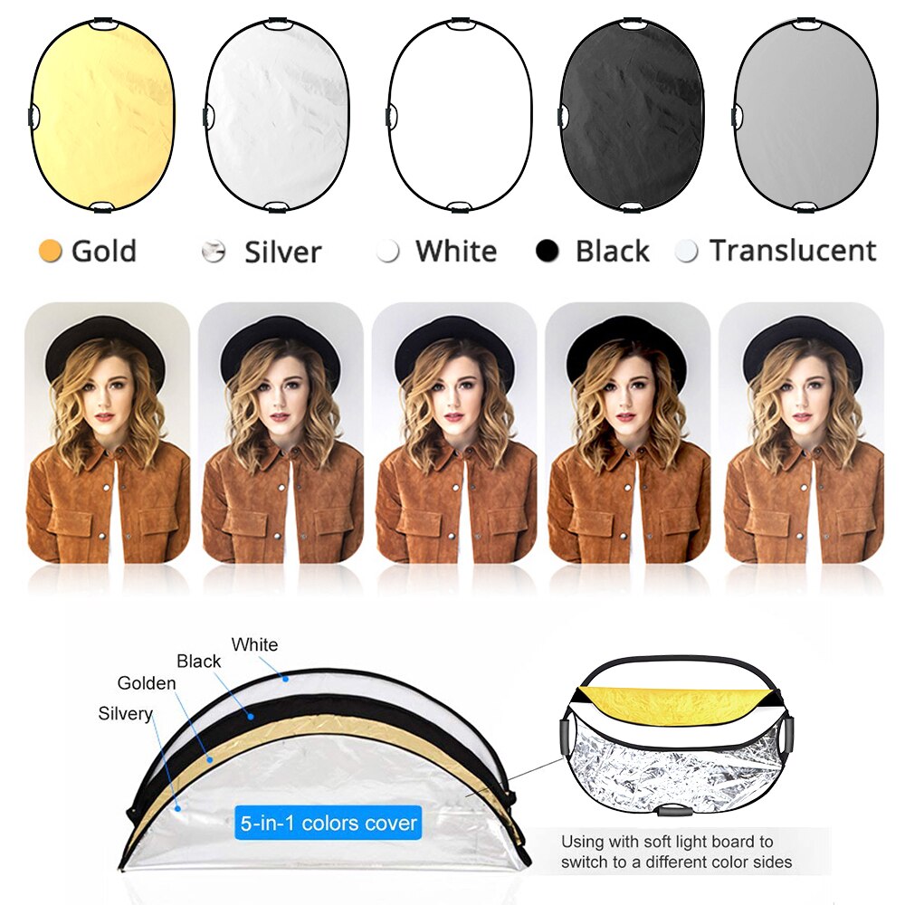 5 in 1 Photography Studio Photo Oval Collapsible Light Reflector Handhold Portable Photo Video Studio Photography Background