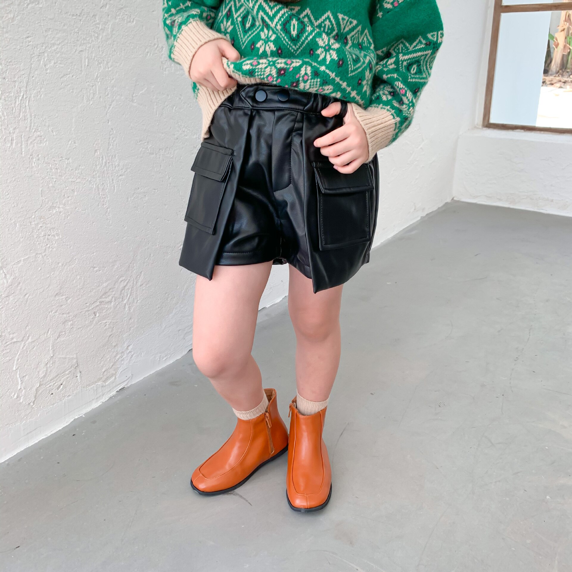 Efterår piger pu shorts børn shorts pige shorts: Sort / 6