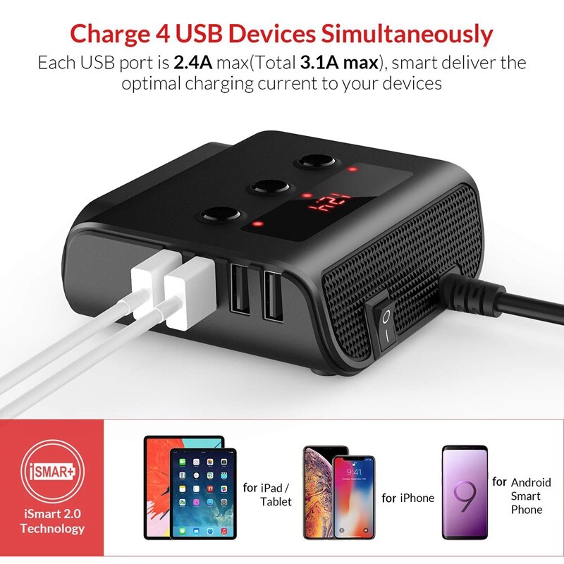 Car Cigarette Lighter Adapter, 100W 12V/24V Car Charger with 4 USB Ports and 3 Sockets Cigarette Lighter Power Splitter, On/Off