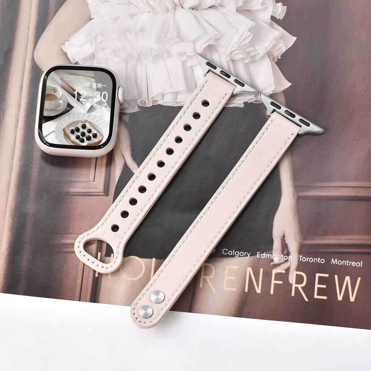 Tynd pu-læderrem til apple watch-rem 10 42/46mm 41/45 mm slank rem til iwatch loop  s9/8/7 se 6/5/4 40/44mm 42mm 38mm: Sølvgul / 18mm