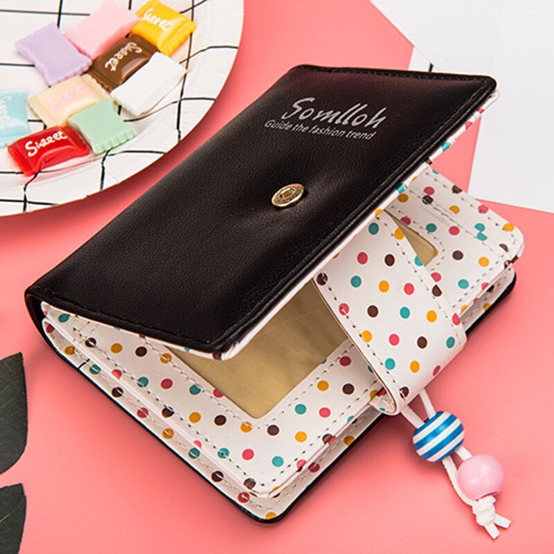 Small Wallet Women Short Luxury Brand Cute Female Purse PU Leather Dot Girls Lady Zipper Wallets Card Holder Bags: Black Short