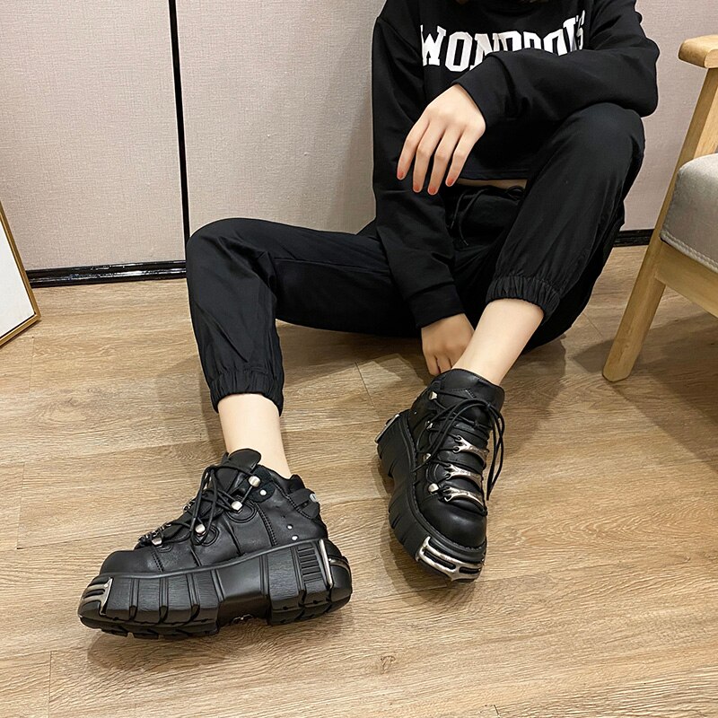 Punk Gothic Style Metal Decor Platform Women Sneakers Round Toe Lace Up Creepers Casual Female Shoes Rock Demonia Boots
