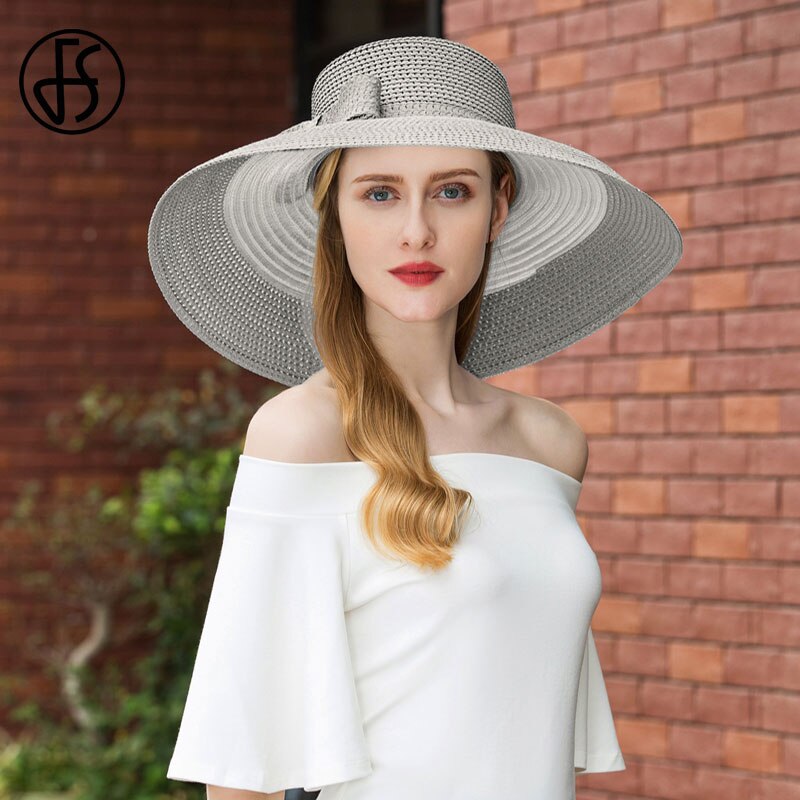 Fs vintage stor hat til sort sommerhat kvinder staw stor bred rand fedora stor sløjfe bryllup kirke kentucky derby hatte: Lysegrå