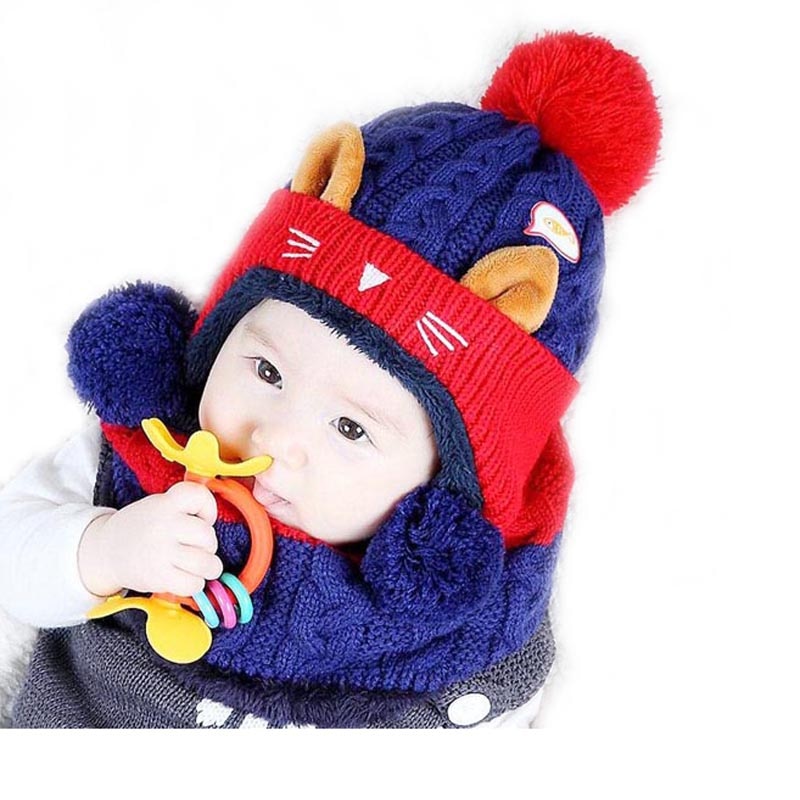 Doitbest 1 to 4 år gammel tegneserie killing fløjl uld børn drenge beanies strikkede pelshatte vinter 2 stk baby pige tørklæde hat sæt