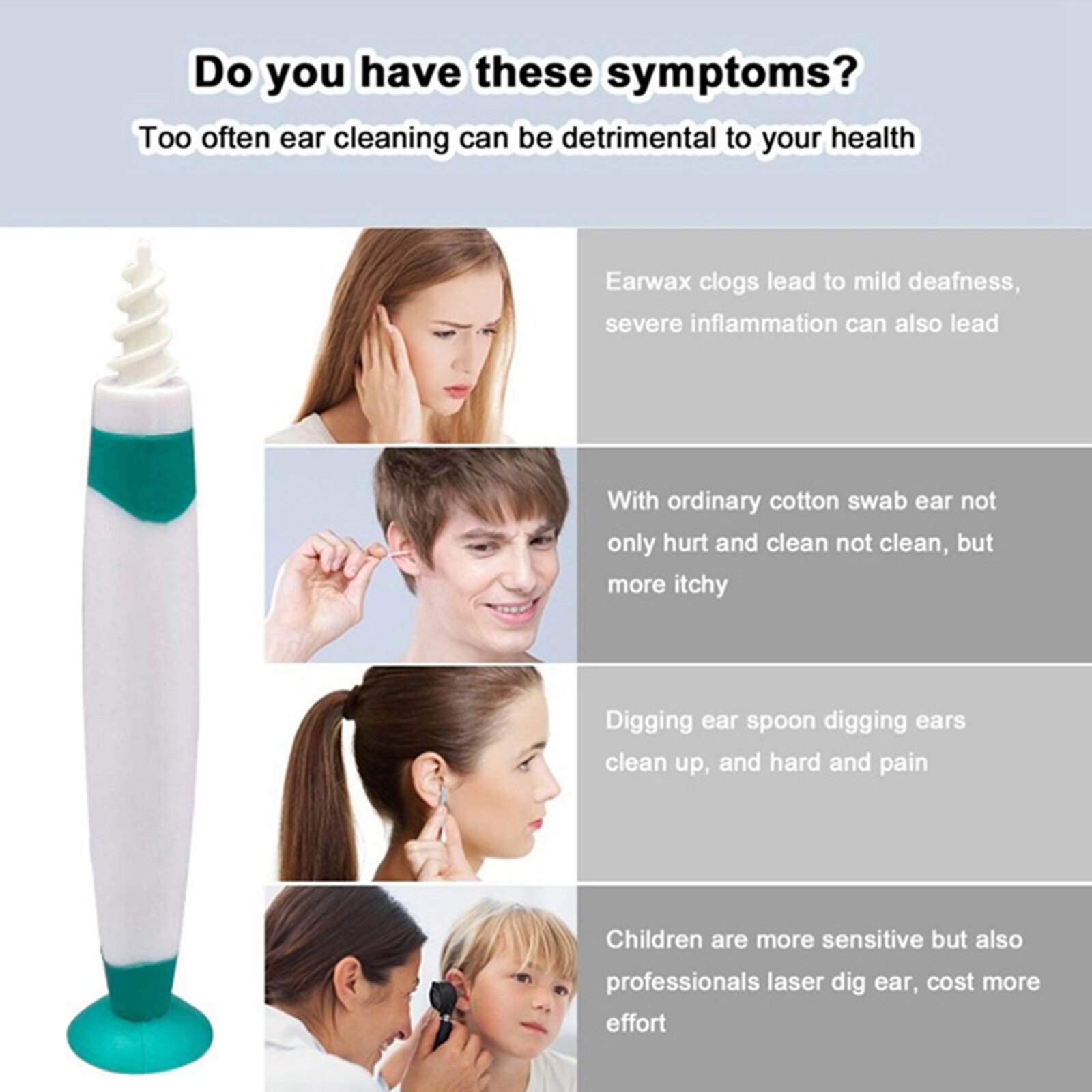 Earpick Spiral Ear Wax Earwax Remover Cleaner with Suction Cup Handle and Soft Replacement Heads for Home Ear Care Supplies